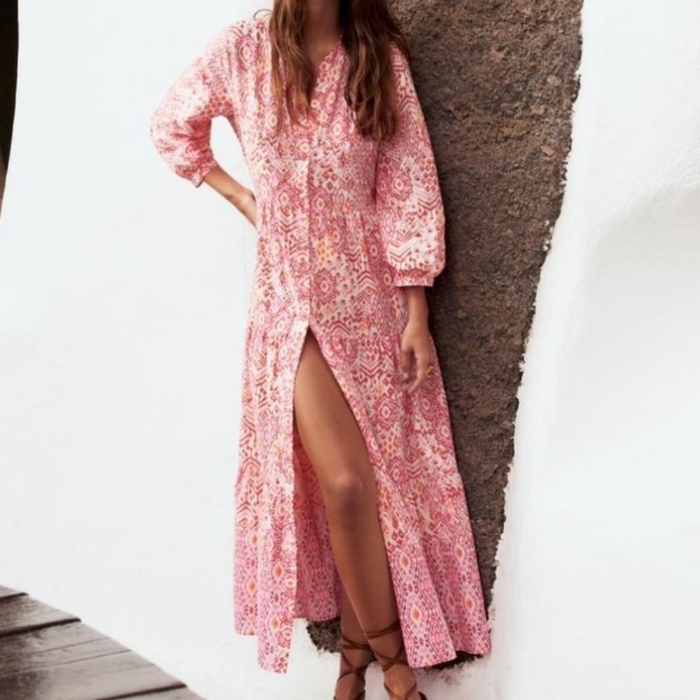 ZARA women's size S Geometric Print Pink/Red Flowy Cotton Midi DRESS